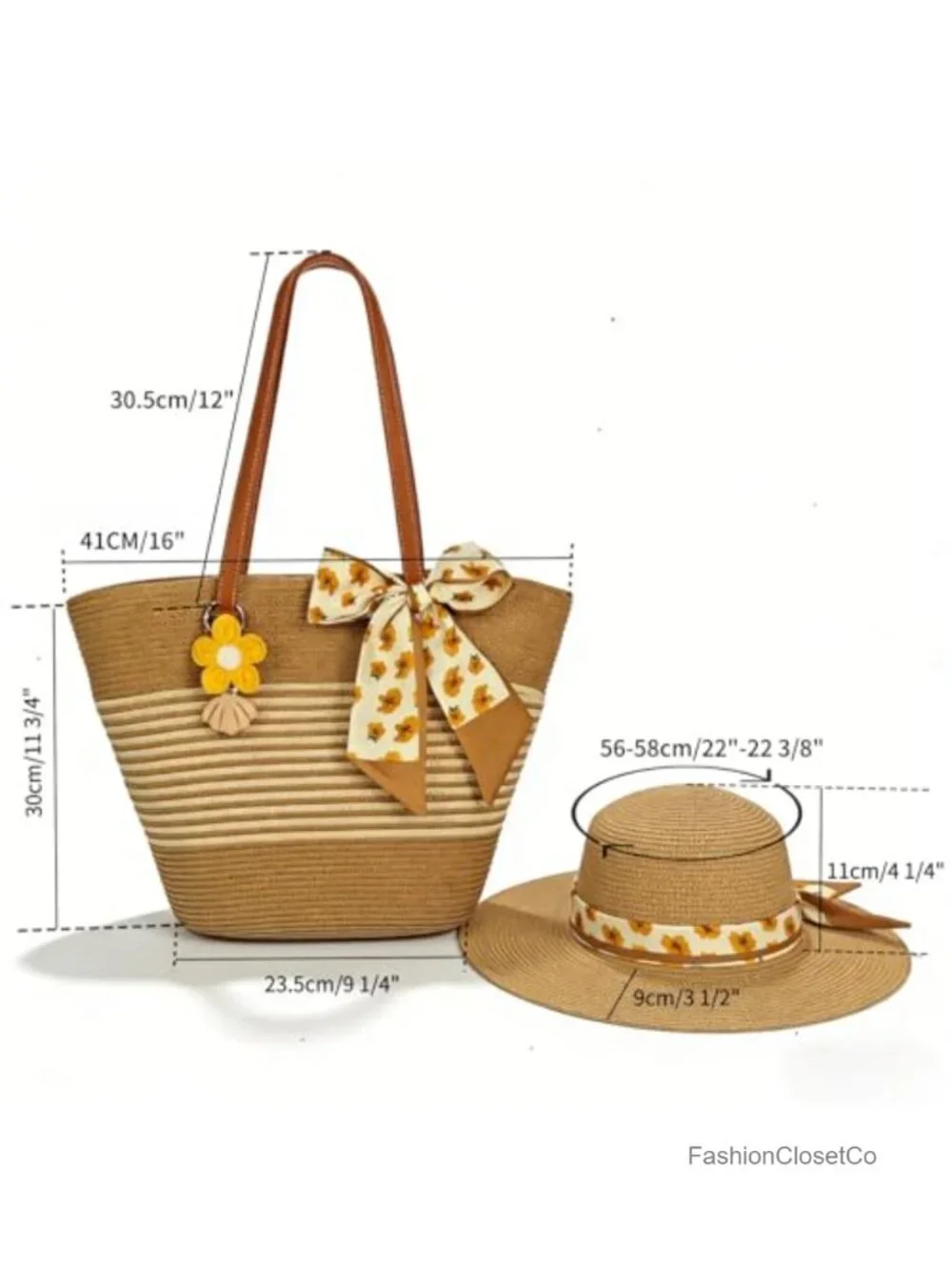 Straw Wide Brim Sun Hat and Woven Tote Bag Set with Hat Clip